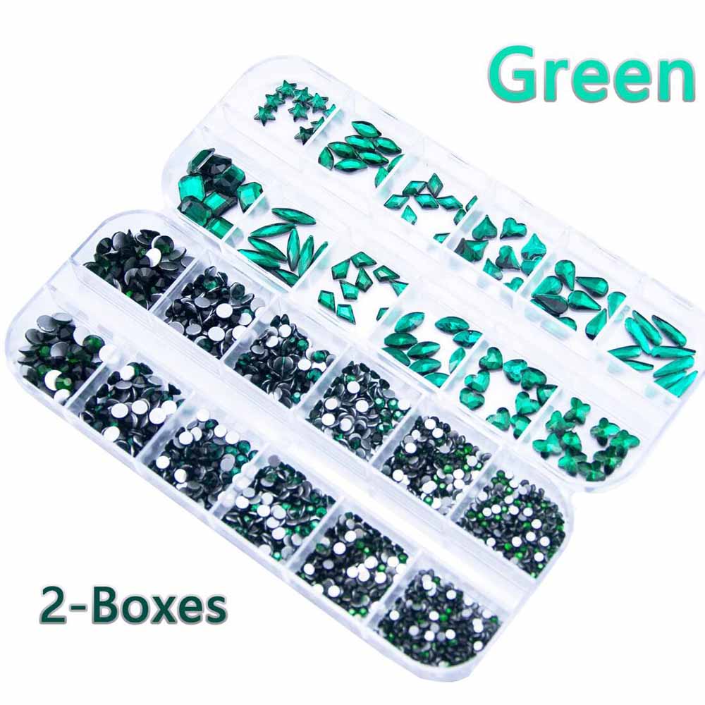 Nail Art Emerald Green - 2 Boxen Smaragdgrüne Nagel-Strasssteine in verschiedenen