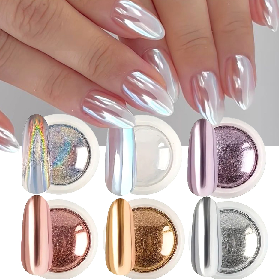 Nail Glitter Chrome - 6 Stück Chrom-Spiegel Weißes Nagelpulver Pigment