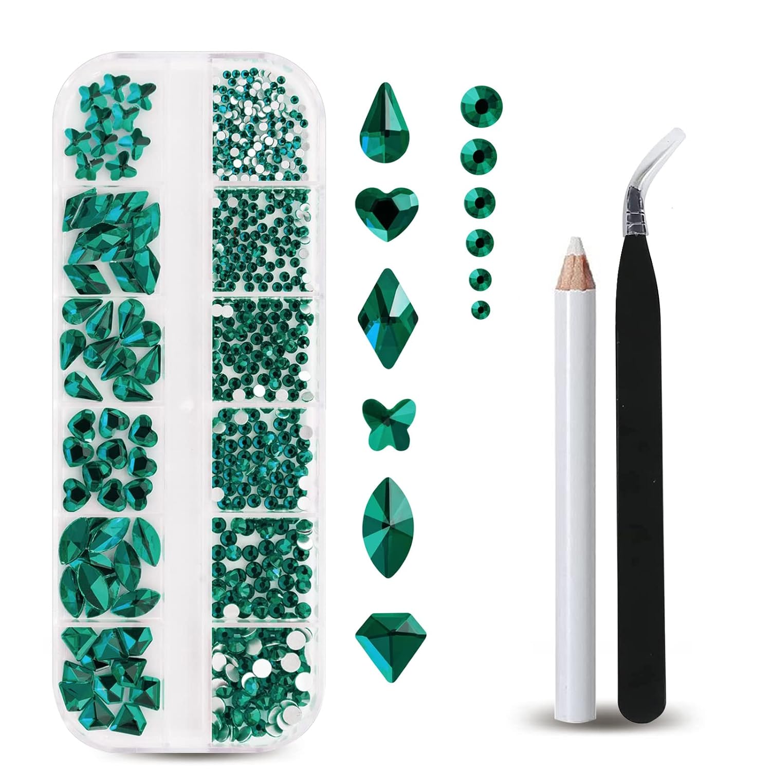 Nail Art Emerald Green - 12-Gitter-Smaragd-Nagel-Strasssteine mit flacher Rückseite, Packung mit