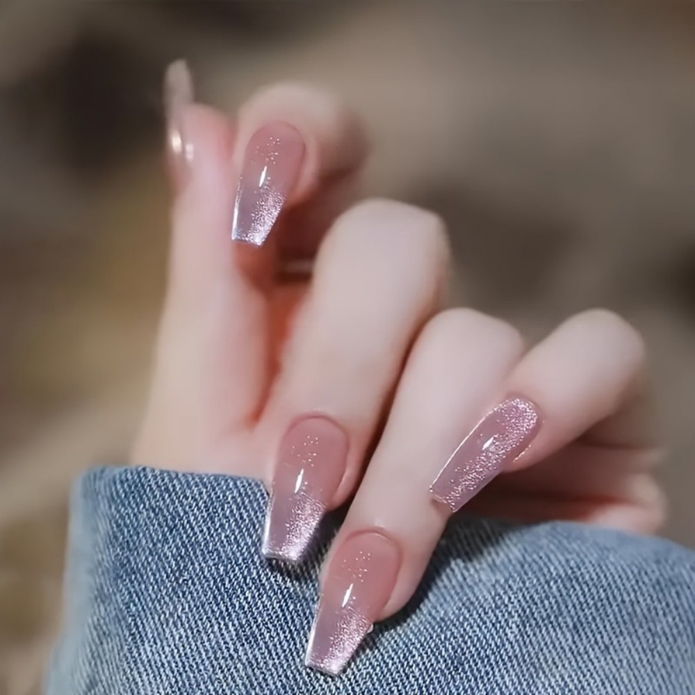 Nail Art Aesthetic - 24 Stück Funkelnde Rosa Glitzer-Katzenaugen-Design Lange