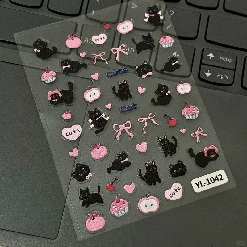 Nail Art Motif - Niedlicher Cartoon-Schleifen-Schwarzkatzen-3D-Relief-Aufkleber, bezaubernde Mädchen-Kunst-Nagel-Kätzchen-Dekoration, DIY-Gelee-Aufkleber für